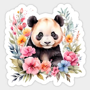 A panda bear decorated with beautiful watercolor flowers Sticker